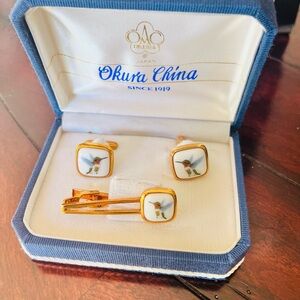 Okura China Gold and White Cufflinks Set